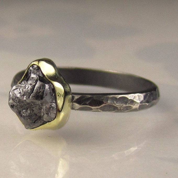 Natural Rough Black Diamond Engagement Ring - 18k Gold and Sterling