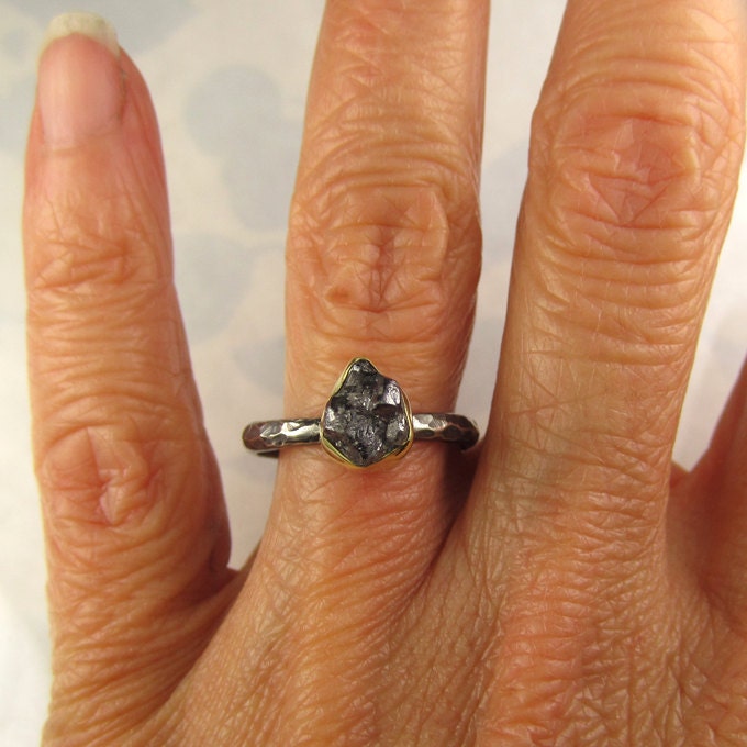 Natural Rough Black Diamond Engagement Ring - 18k Gold and Sterling