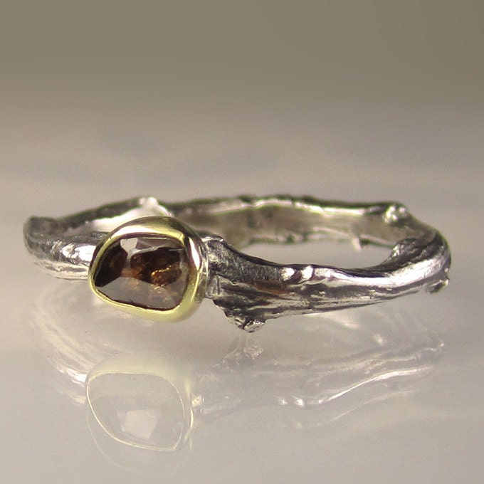 Rose Cut Cognac Diamond Twig Ring - 18k Gold and Sterling