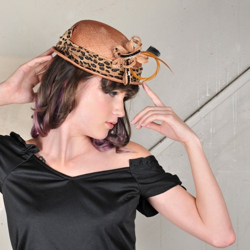 SALE - eco friendly Camel Colored Leopard Print Bowler Hat - OOAK