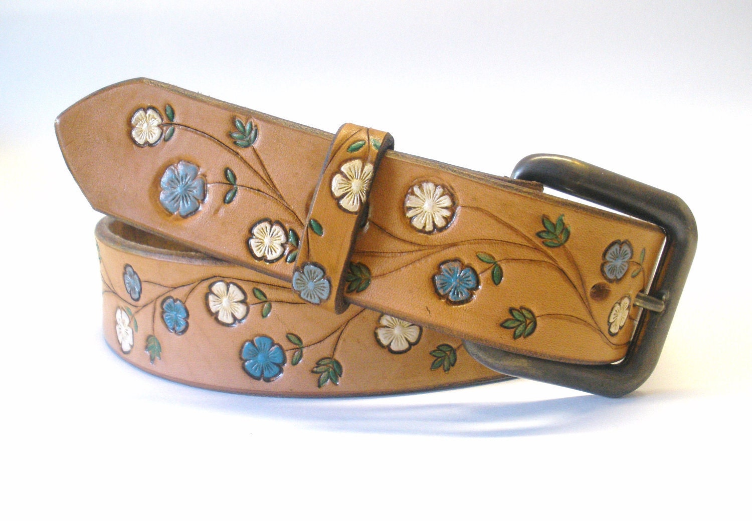 Tan Brown Leather Belt with Blue and Cream Hand Stamped Flowers Retro Boho Hippie Women's Leather Belt - BirdhouseDesigns