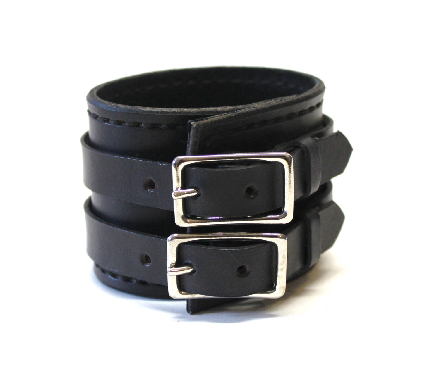 Black Leather Cuff Bracelet Adjustable with Buckles Mens Womens