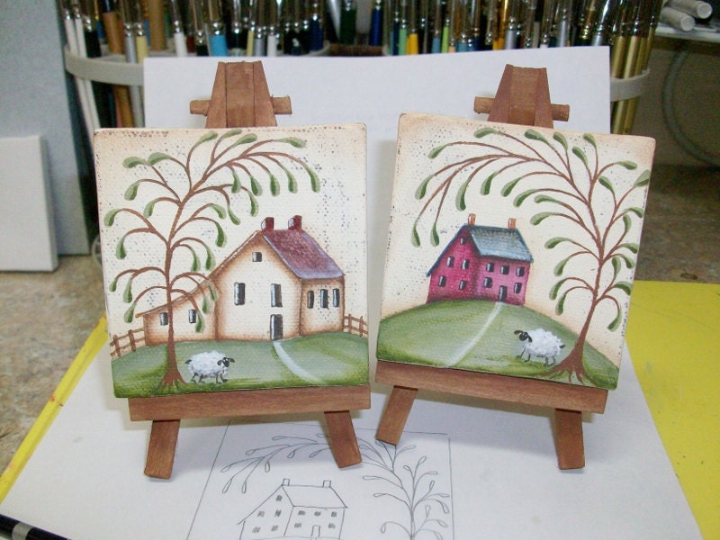Two Mini Canvas Prim Saltbox Paintings With Easels