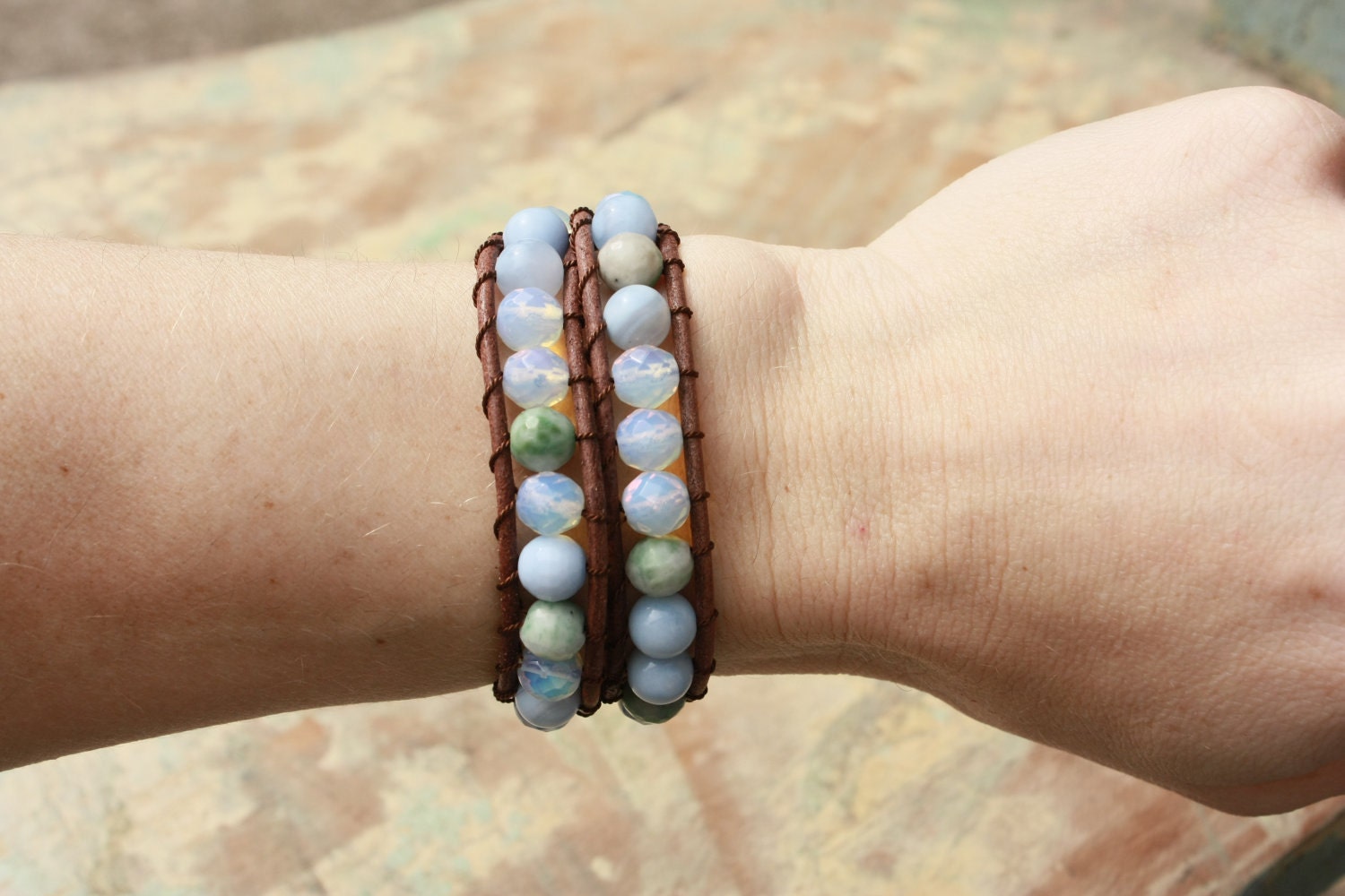 Leather and Semi-Precious Stone Wrap Bracelet