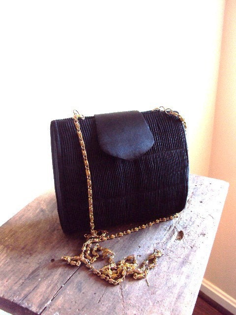 Vintage Evening Bag Barrel Purse in Black Satin