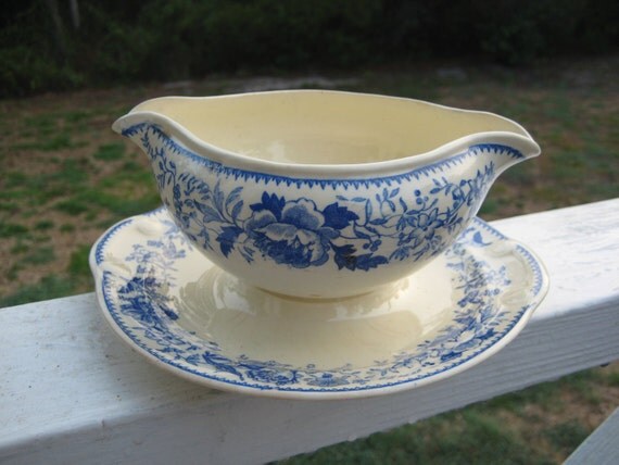 Antique Blue and White Gravy Bowl Attached by MIDCENTURYTREASURES