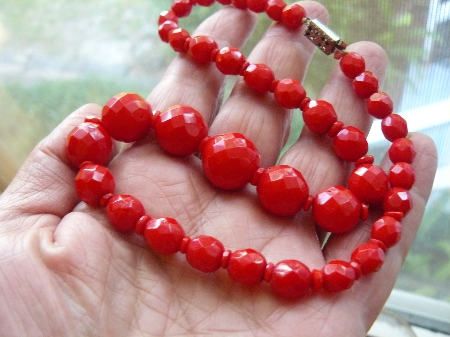 Gorgeous Cherry Red Jet Glass Bead NECKLACE 16" Long