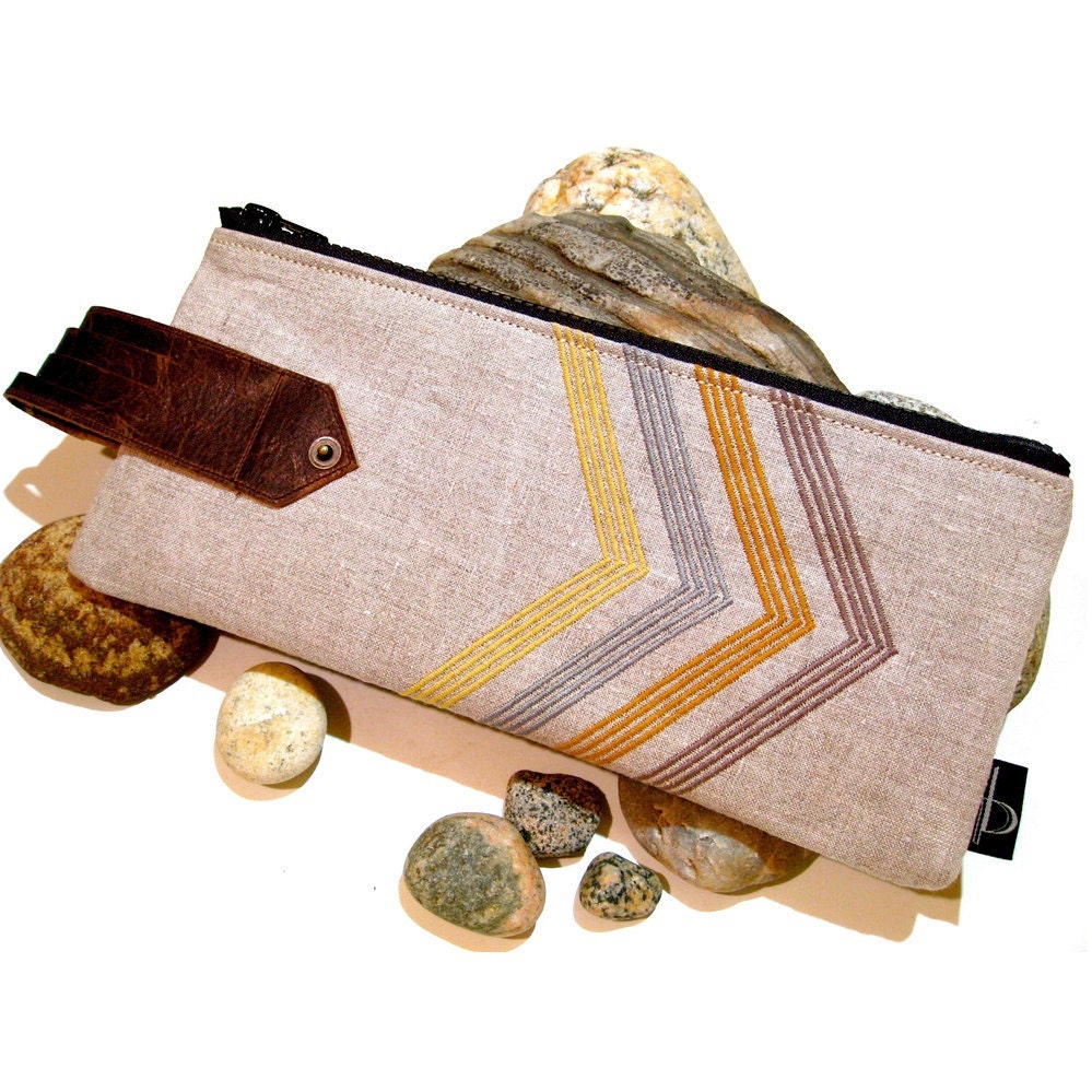 Organic Linen Finger Clutch w Chevron in Smokey Gray Yellow Ochre Ash Gray & Buttermilk  w Rich Brown Finger Strap-Eco friendly