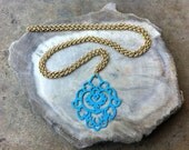 Shira Hamsa Necklace Turquoise Laser Cut Metal Pendant with 18k Matte Gold Chain Long 24 inches