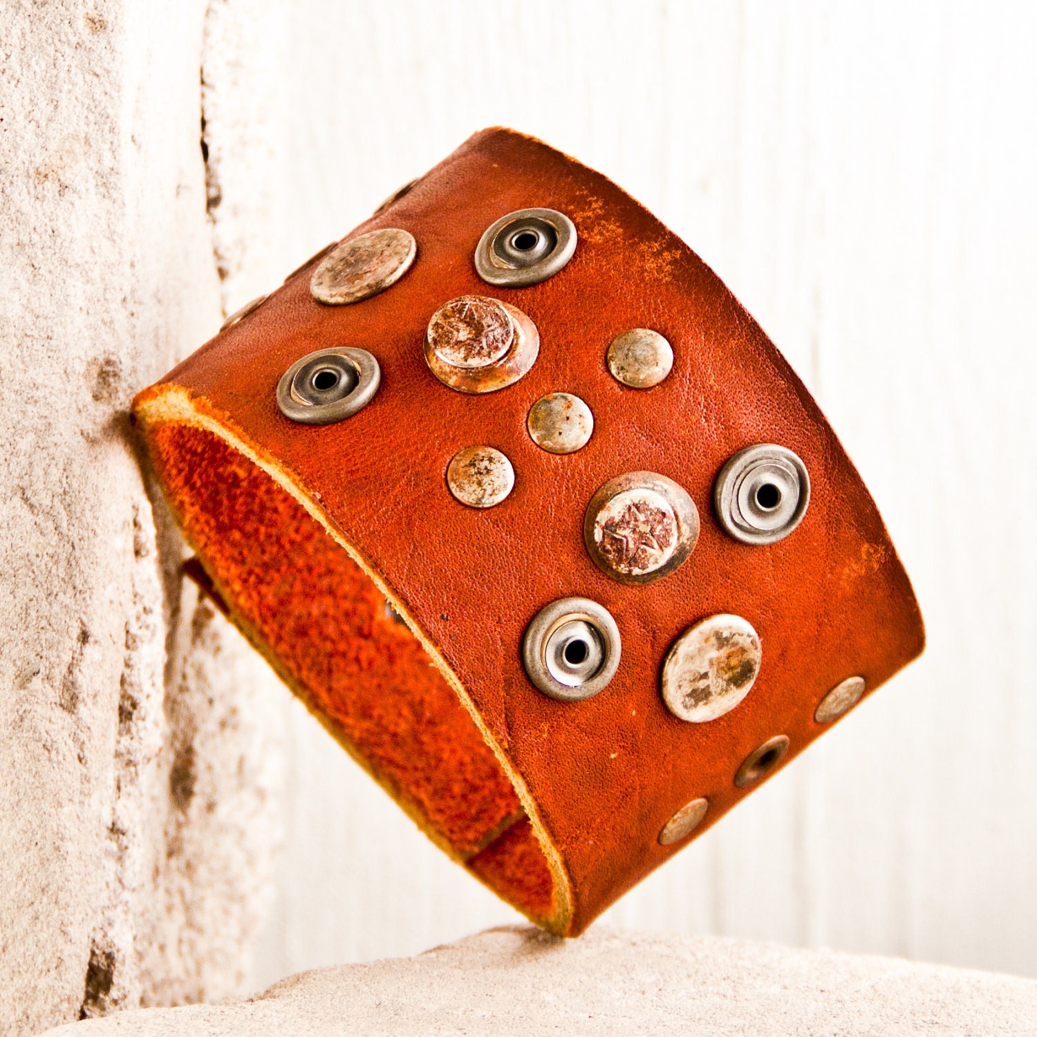 Vintage Jewelry Leather Cuff Handmade Bracelet Wristband RARE OOAK - DISCOUNT