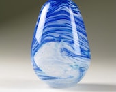 Blown Glass Easter Egg Paperweight Sapphire Blue White Ocean Waves