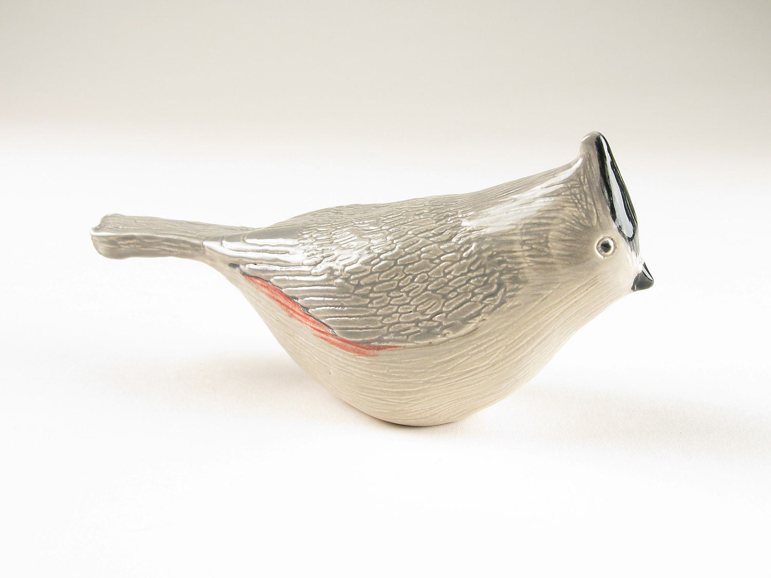 Ceramic Pottery Bird Sculpture Figure Black Crested Titmouse Hand Formed