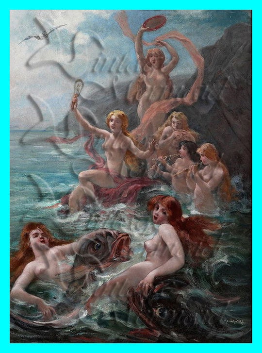 s219 Vintage Victorian Mermaids Nereids  Painting Cotton Fabric Block Applique 4 Quilt 5x7