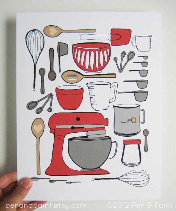 CHOOSE your color, Kitchen Art, Kitchen Decor, Baking, Mixer, I love to bake, utensils, 8 x 10 Art Print