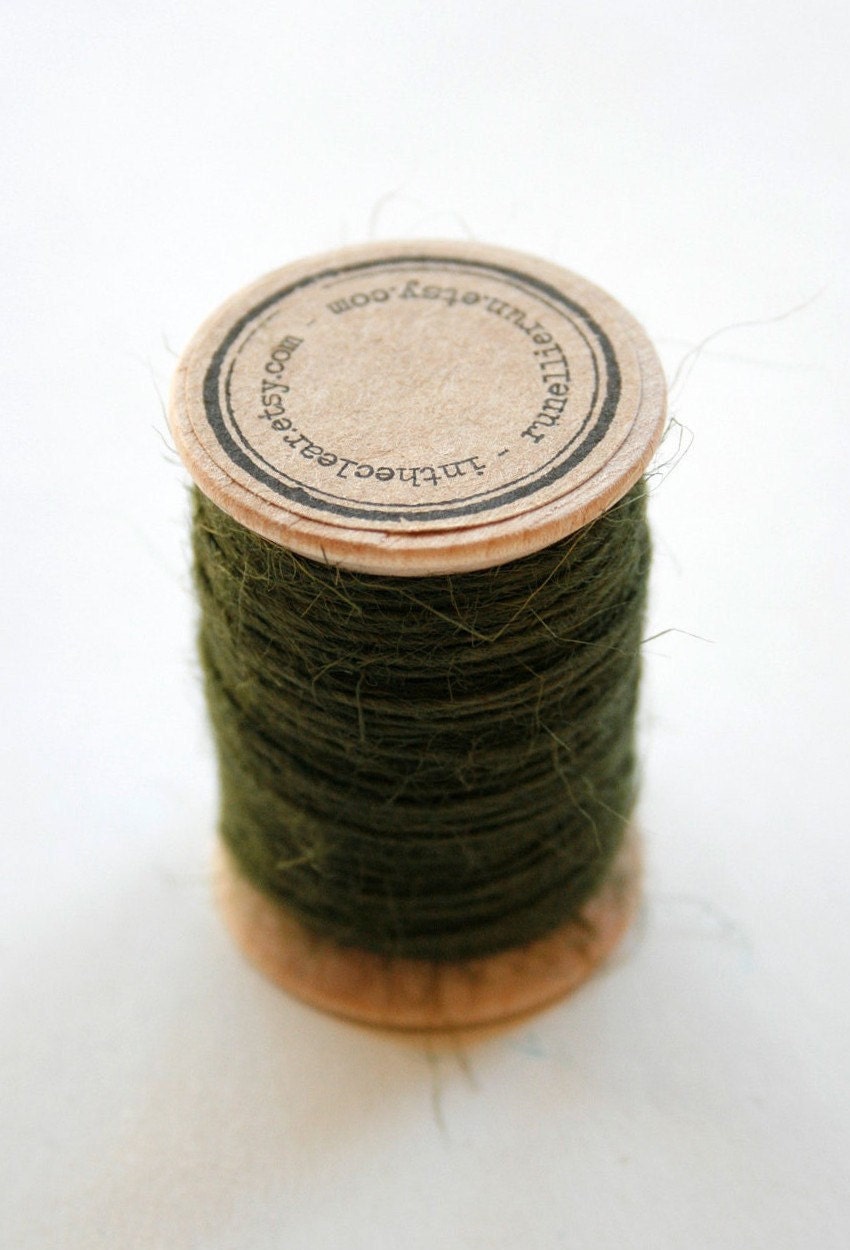 Burlap Twine - 30 Yards on Wooden Spool - Olive Green Color Jute