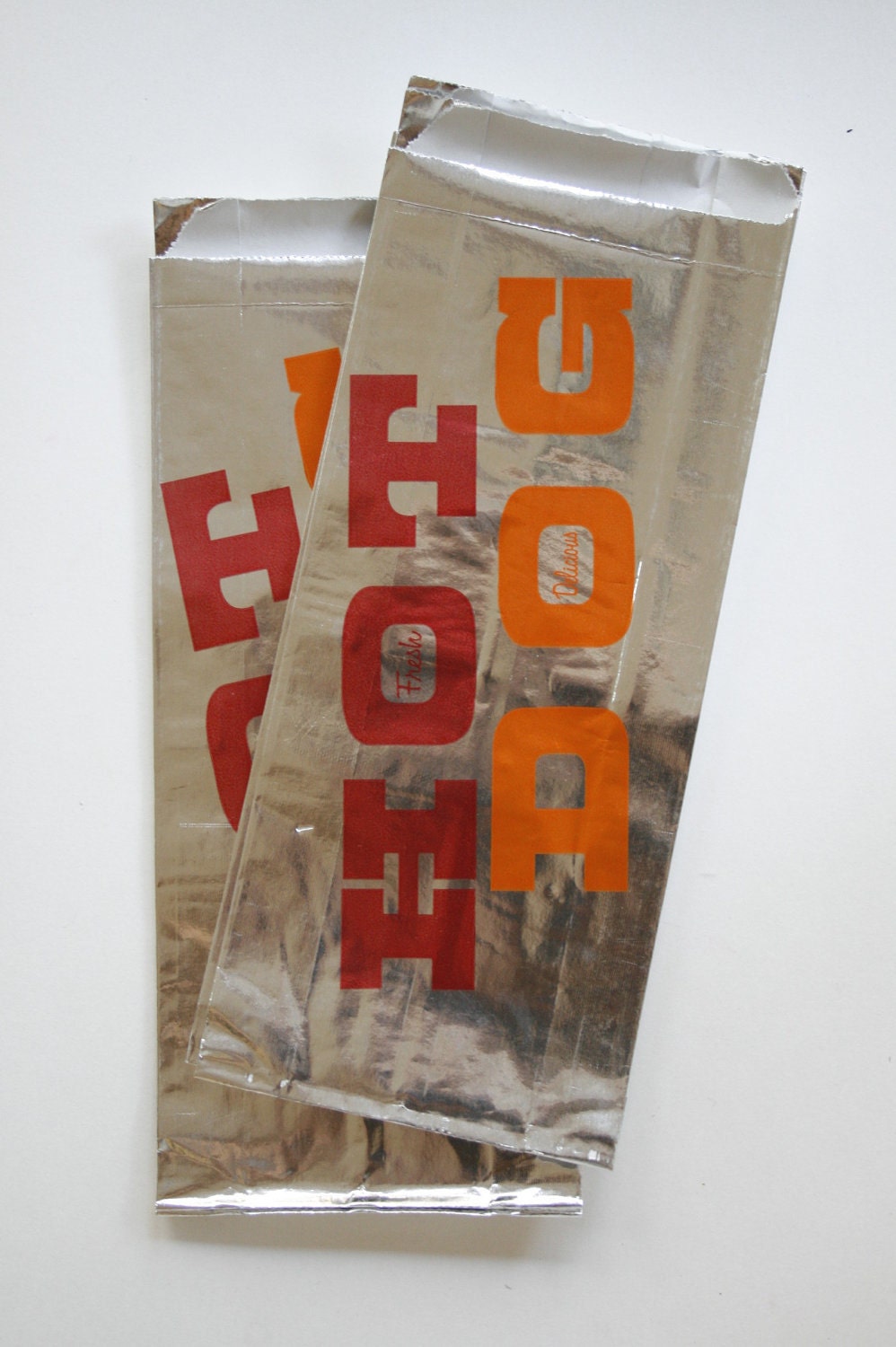 Priority Mail - Vintage Style Foil Paper Lined Hot Dog Bags - Fresh and Delicious - Gusseted 3.5 x 1.5 x 8.5 Inches - set of 50