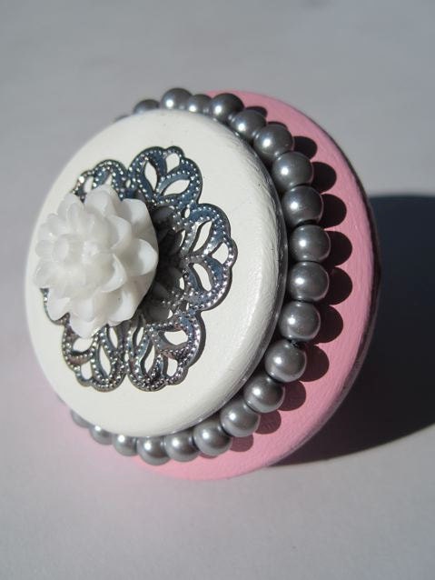 Romantic Pink and White Wooden Dresser Knobs with Grey Pearl Beads