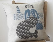 Mermaid cushion in blue and grey on natural linen