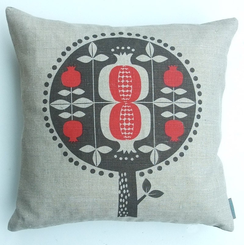 Pomegranate tree cushion in red on natural linen