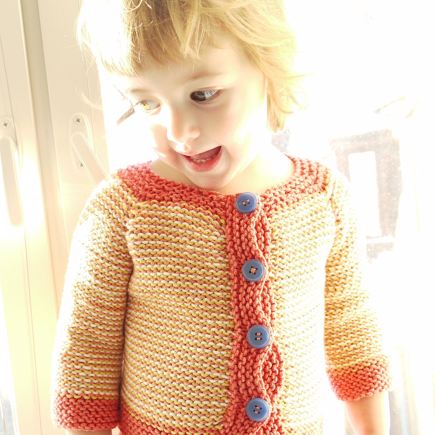 SALE - Hand Kitted Children Sweater - Inside-Out Sunny Cardigan - seamless design - wool-cotton yarn - OOAK