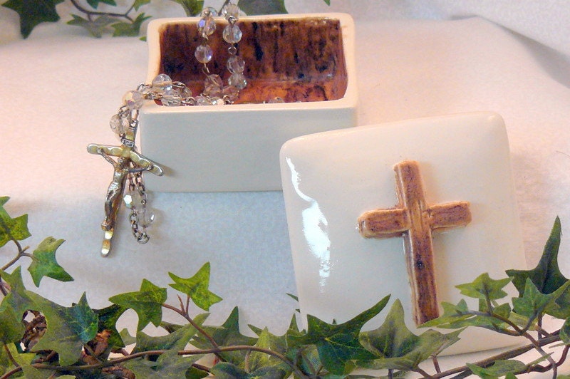 Ceramic Cross Rosary Box Brown