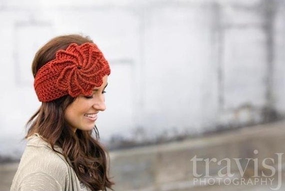 Crochet Spiral Flower Headband / Earwarmer / headwrap in Terra Cotta Red - Charity