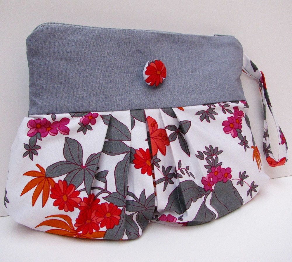 Pleated Wristlet / Clutch in Bright Floral Print on White FREE SHIPPING
