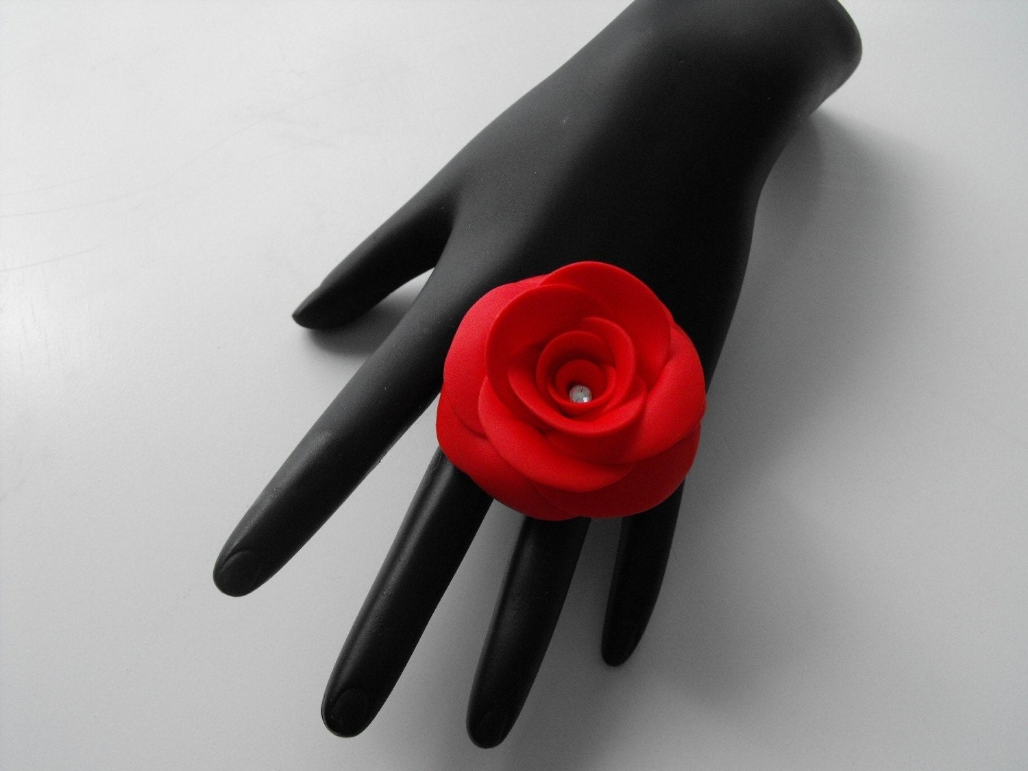 Fire Red Orange Rose Ring with Silver Base