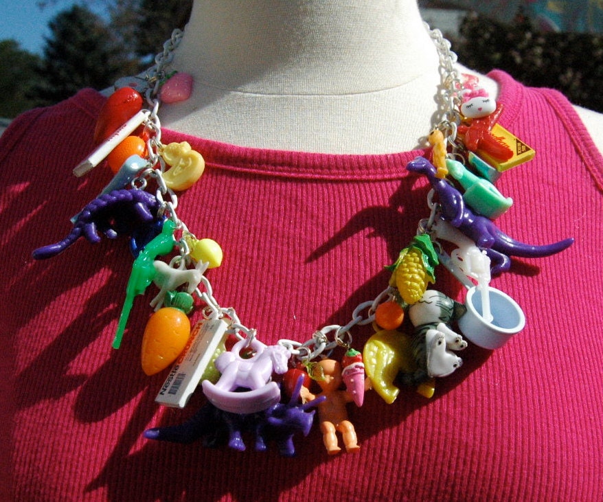 Handmade " Prehistoric Plastic Paradise" super charm necklace retro kitsch pop art delight by GB