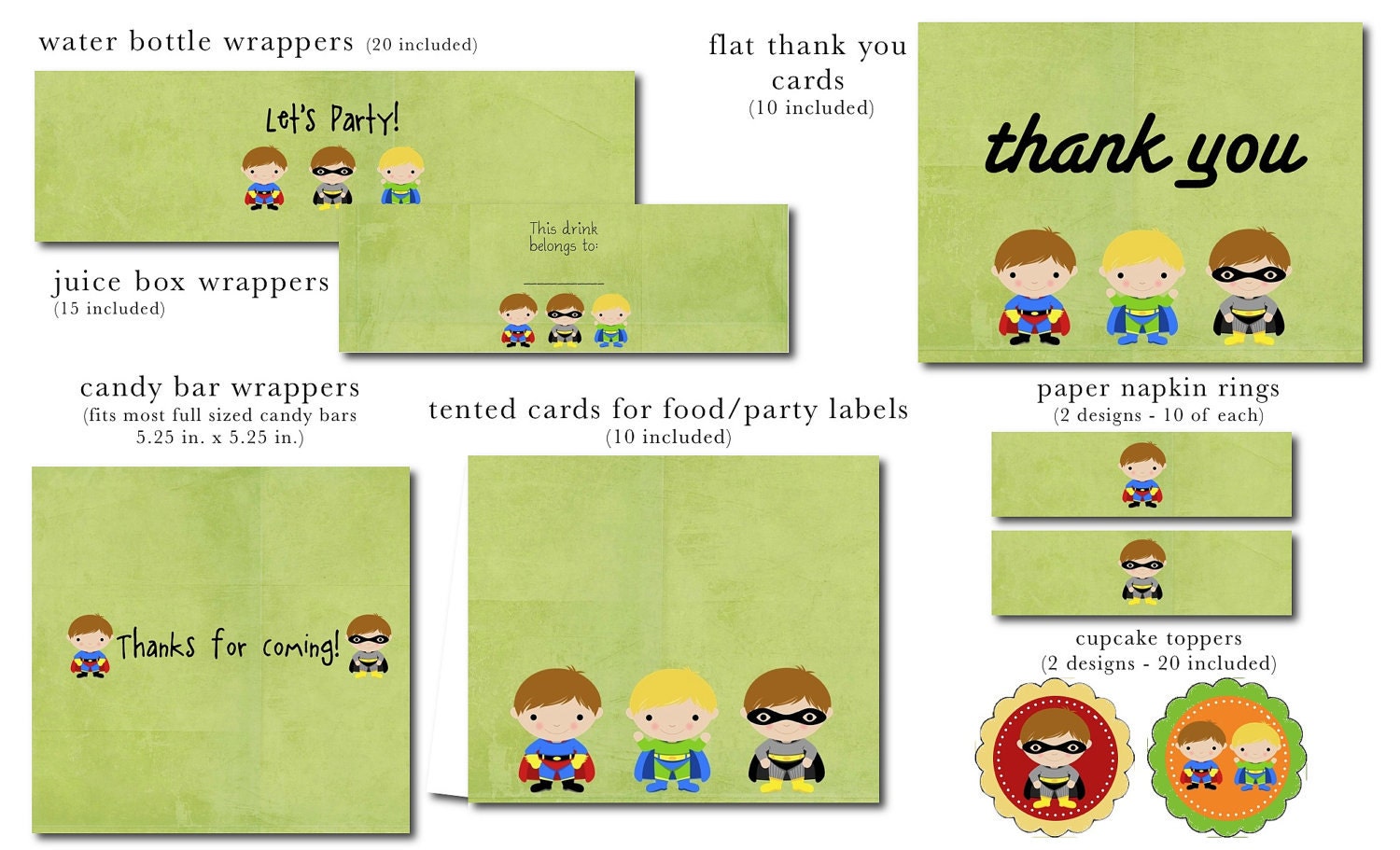 Sale... Super Hero Party Package - In Stock - Super Hero Birthday Party Kit - Super Hero Theme. Party supplies. Bottle and Candy Wrappers.
