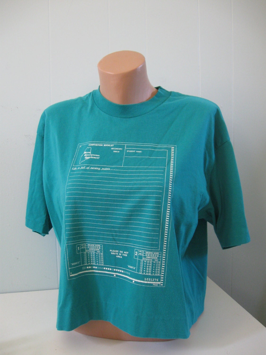 Womens Vintage TShirt Half Shirt Maine Teal Blue Standardized Testing SATs Size XL Large