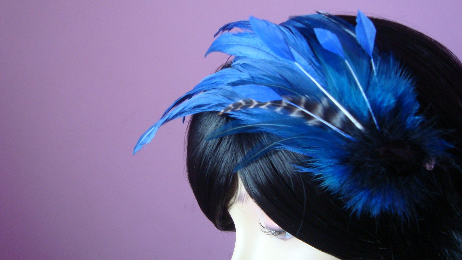 feather headdress facinator with striped feather coque and crystal