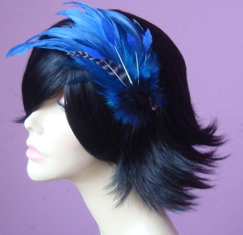 feather headdress facinator with striped feather coque and crystal