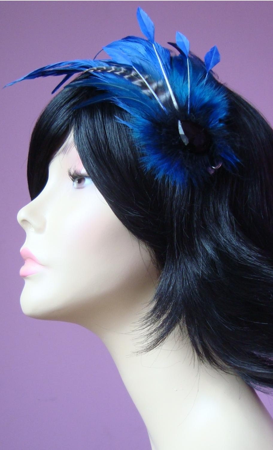 feather headdress facinator with striped feather coque and crystal