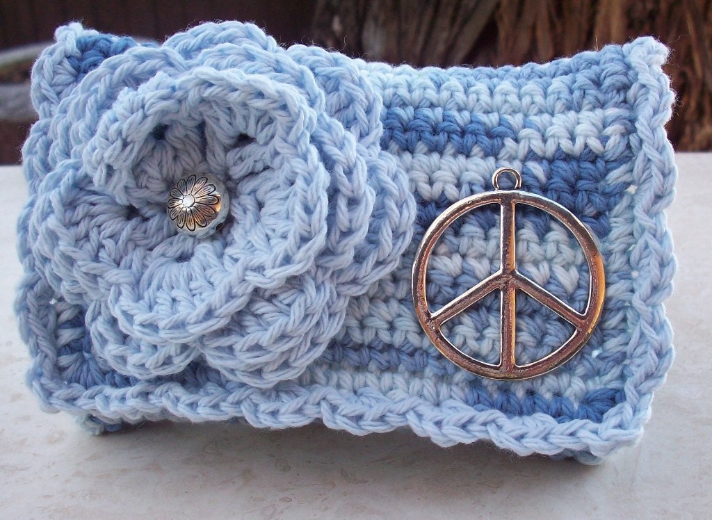 Blue, Baby Blue and Silver with Peace Sign Crocheted Cotton Little Bit Purse