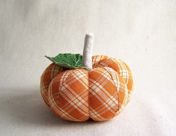 Orange Plaid Pumpkin Pincushion with Leaf