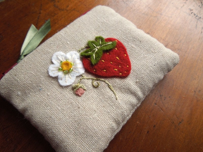 Summer Strawberry Hand Embroidered Zipper Pouch