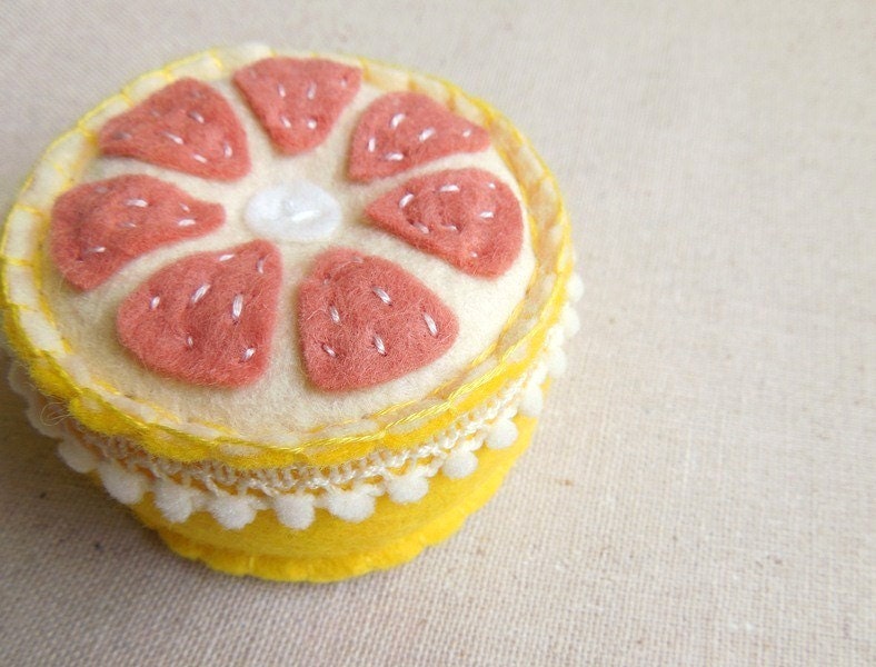 Felt Fruit Pincushion Embroidered Pink Grapefruit