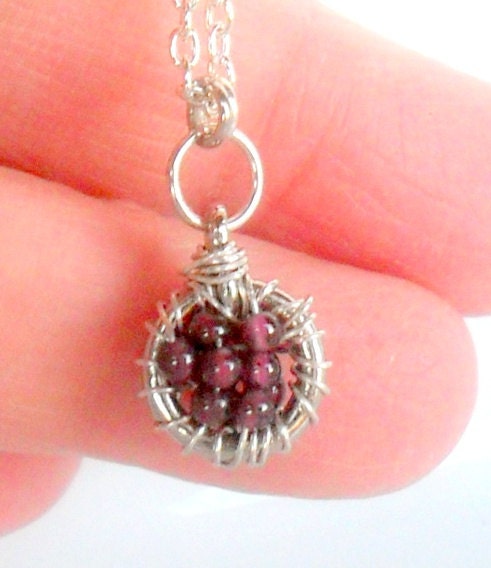 Garnet January Birthstone Necklace, Sterling silver Pendant,  Charm wire wrapped  Gift For Her