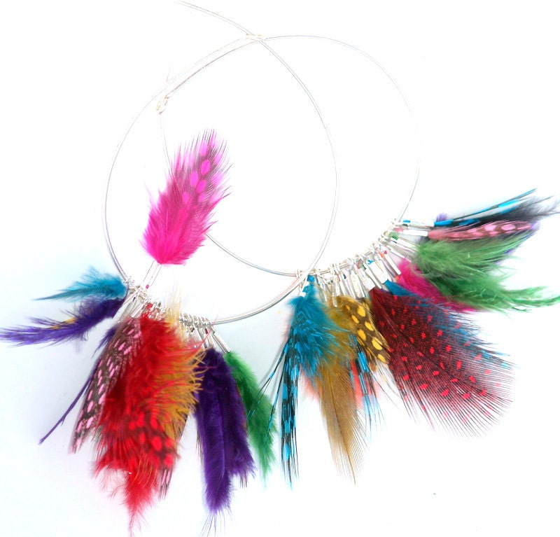 Rainbow Hoop Earrings,  Sterling Silver  hoops Colorful mini feathers  Boho Rainbow Earrings - Daniblu