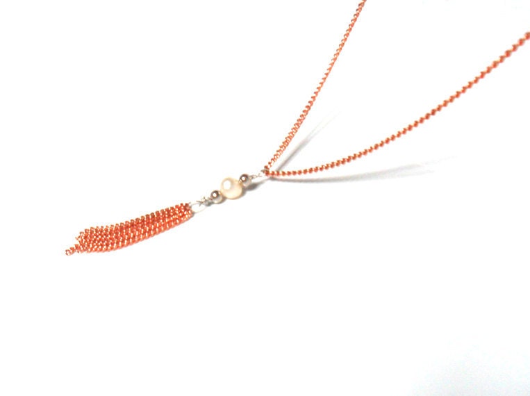Delicate Necklace Copper pearl tassel  Simple Everyday  Jewelry