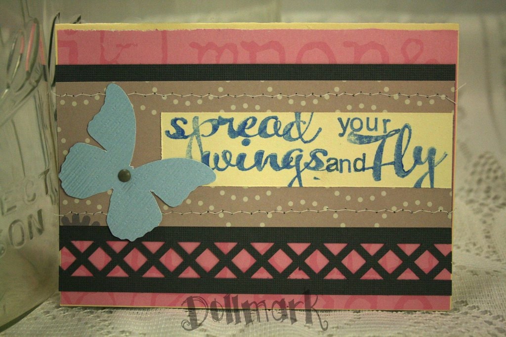 Spread Your Wings and Fly - Butterfly, pastels, dark gray, blue stamping - Encouragement or friendly note - blank card