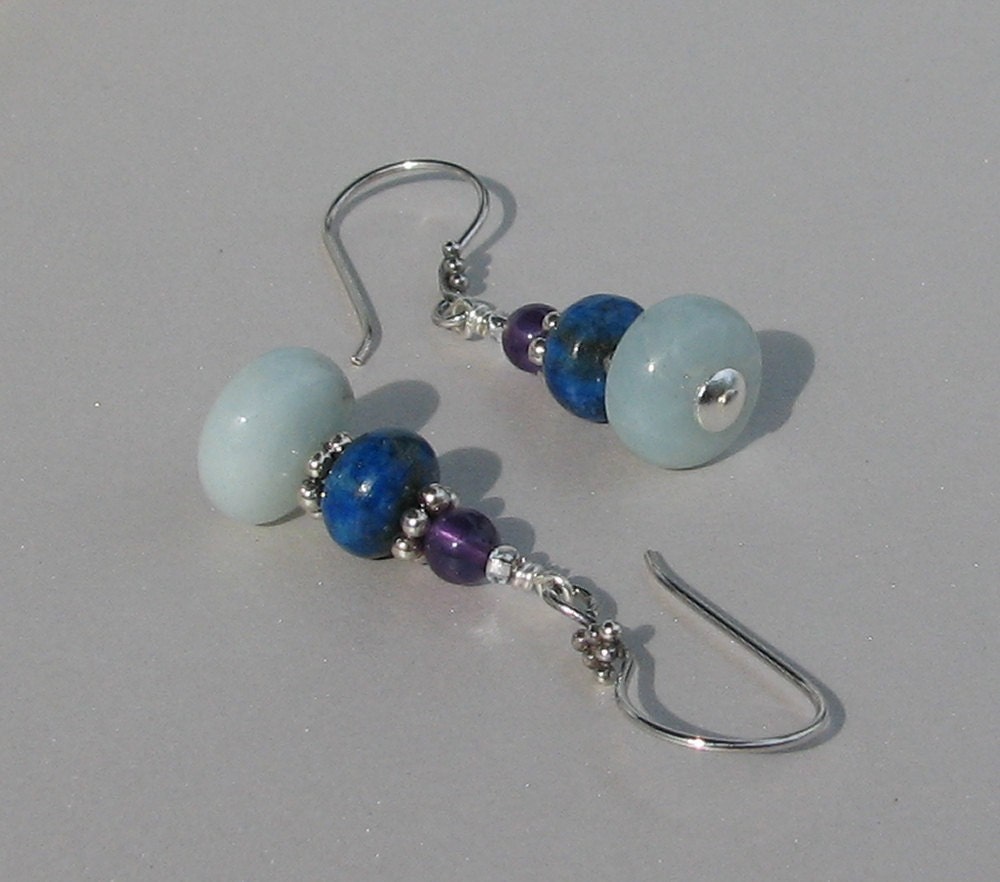 Amazonite/Lapis lazuli/Amethyst Bali Silver Earrings