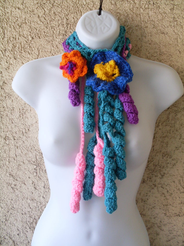REDUCED  Crazy Candy Multicolor Crochet Scarf Cowl Scarflette freeform with  flowers Pink Green Calypso  Purple OOAK