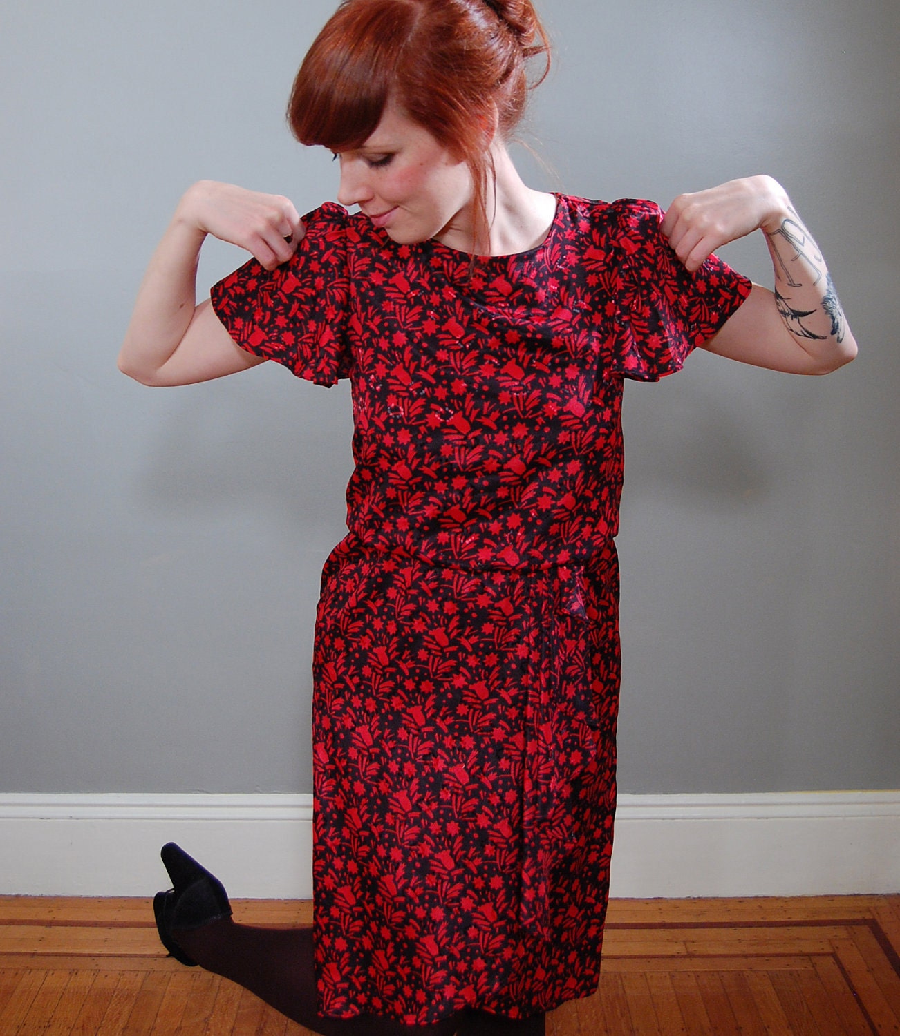 80's Silky Red and Black Ruffled Dress, S