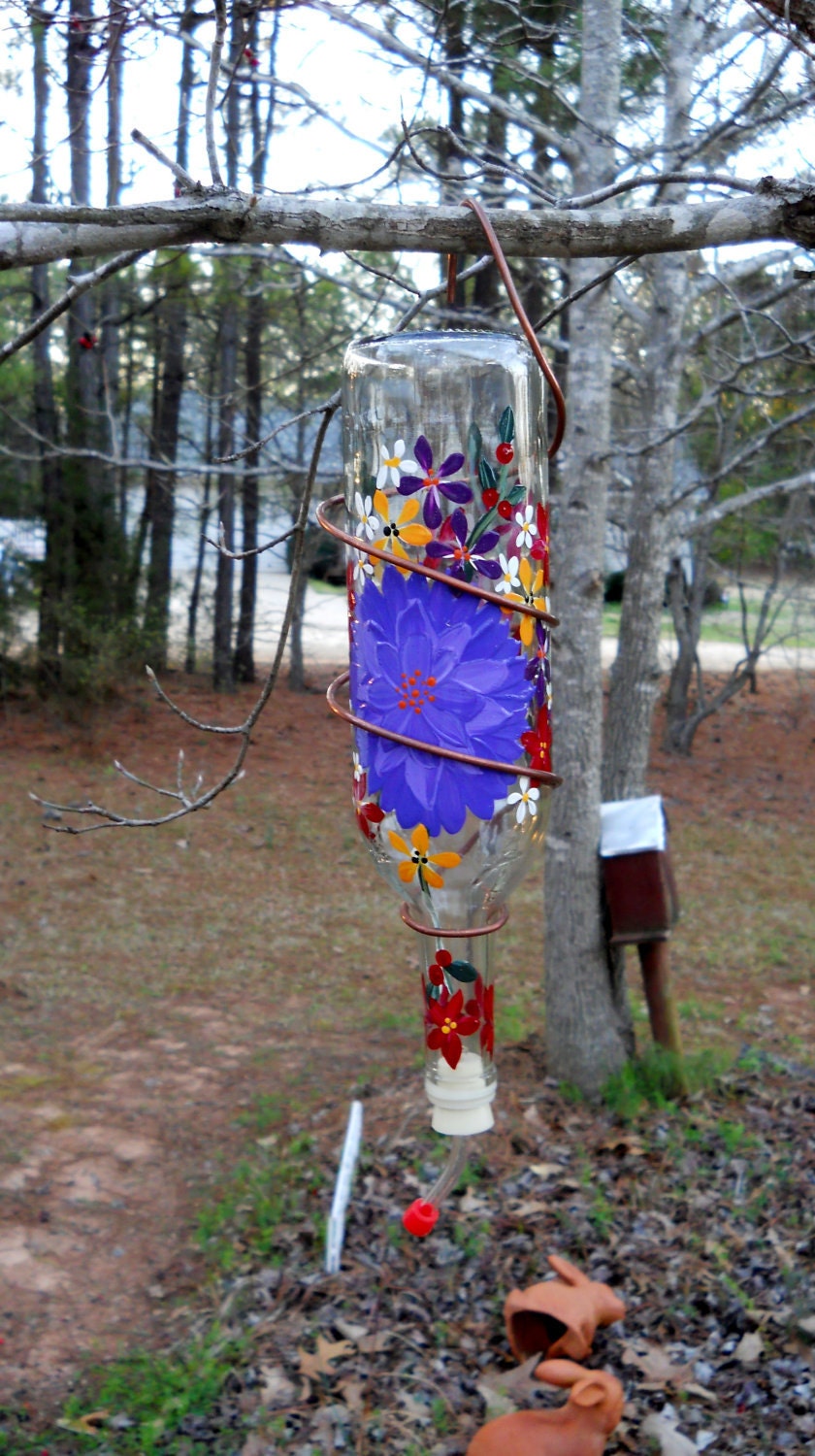 Hummingbird Feeder Hand Painted Recycled Glass Bottle