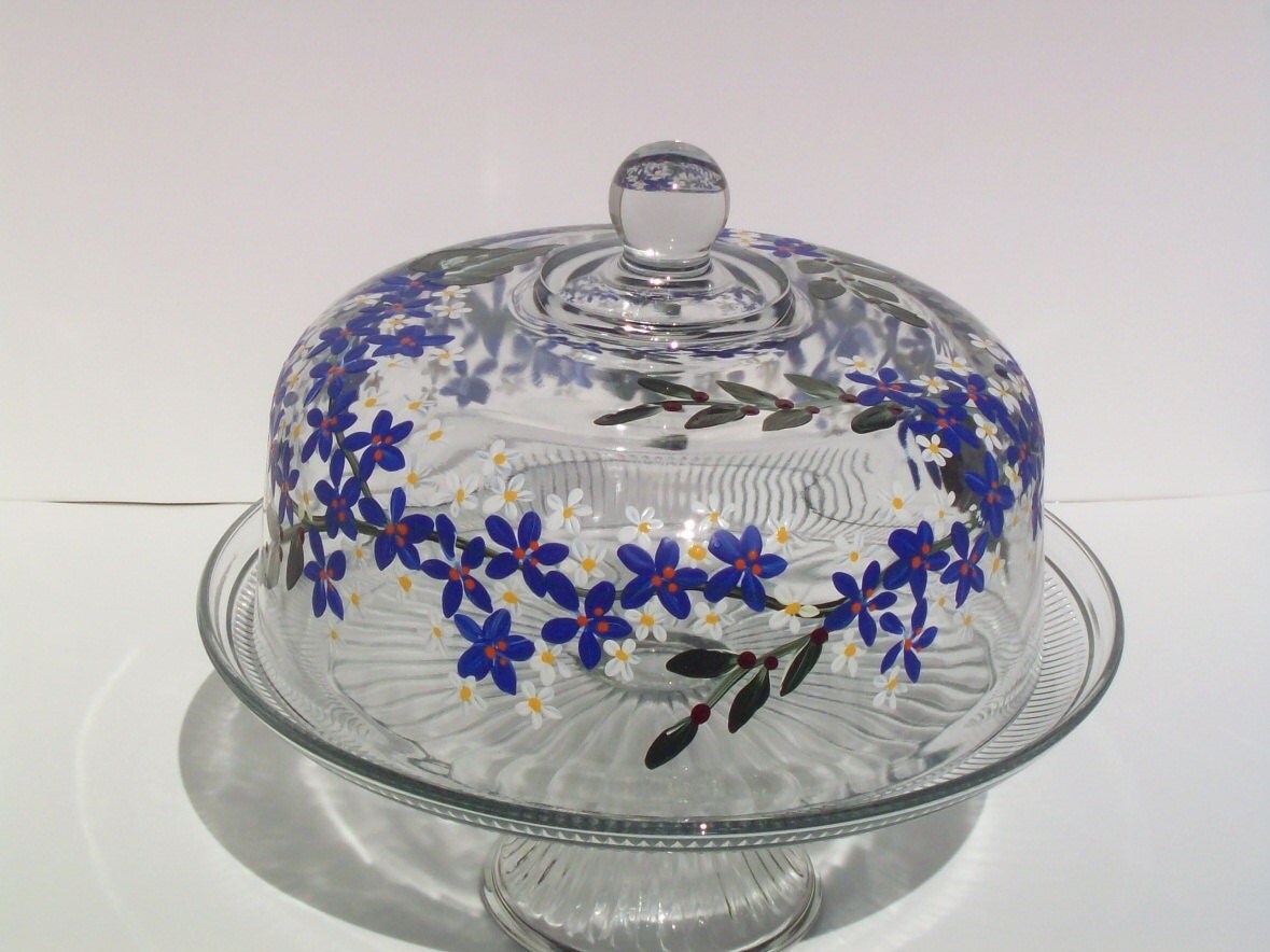 Hand Painted Cake Plate Cobalt Blue and Small by HandPaintedGlass