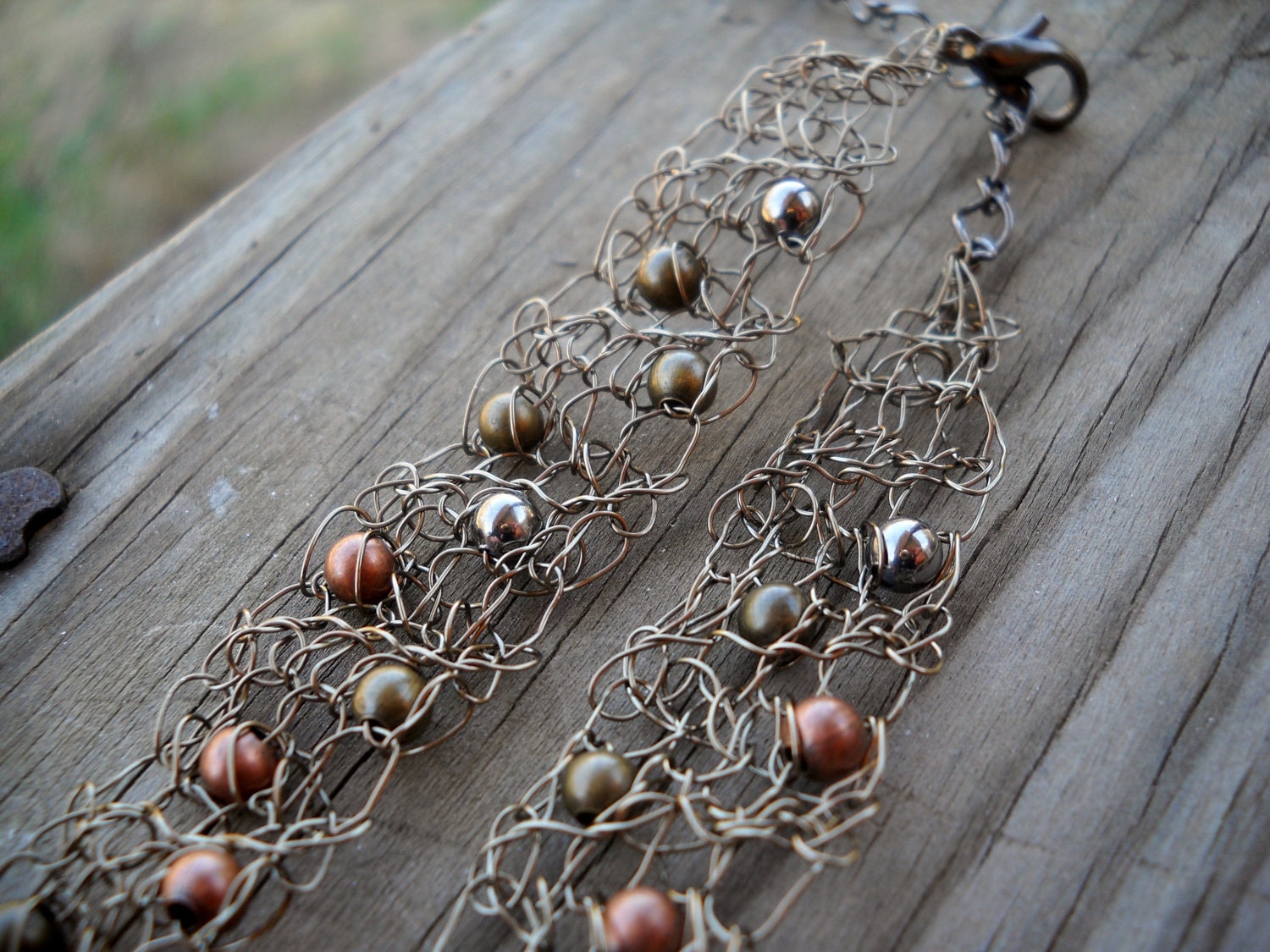 ADJUSTABLE industrial metal antiqued crochet wire choker with copper brass and gunmetal