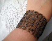 WIDE Vintage Bronze and Blue Crystal crochet wire bracelet adjustable length hypoallergenic