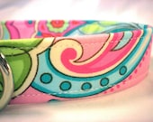 Dog Collar Custom Handmade Preppy Green Pink Paisley Flowers from PinkysPetGear on Etsy